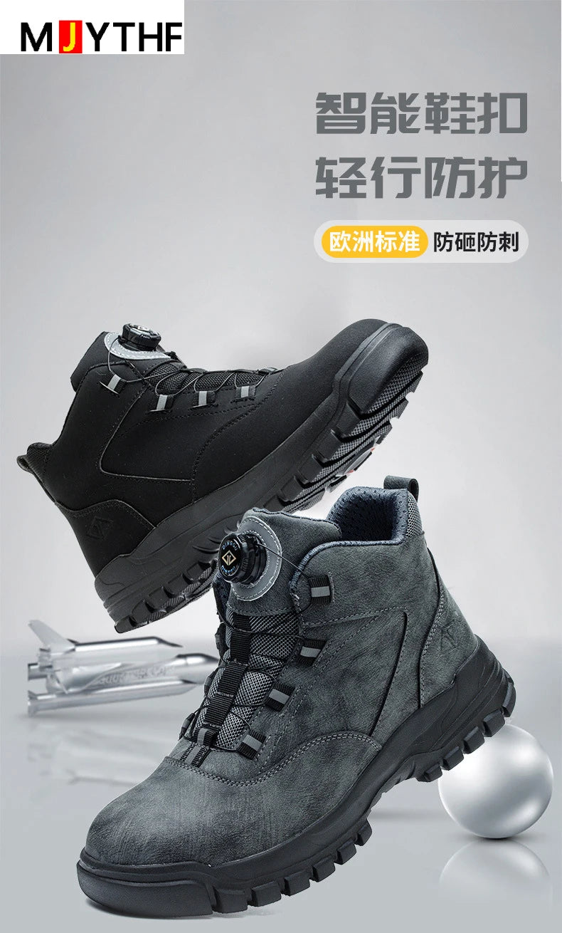 Rotating Buttons Work Boots Men Steel Toe Shoes Safety Boots Puncture-Proof Protective Shoes Waterproof Indestructible Shoes New