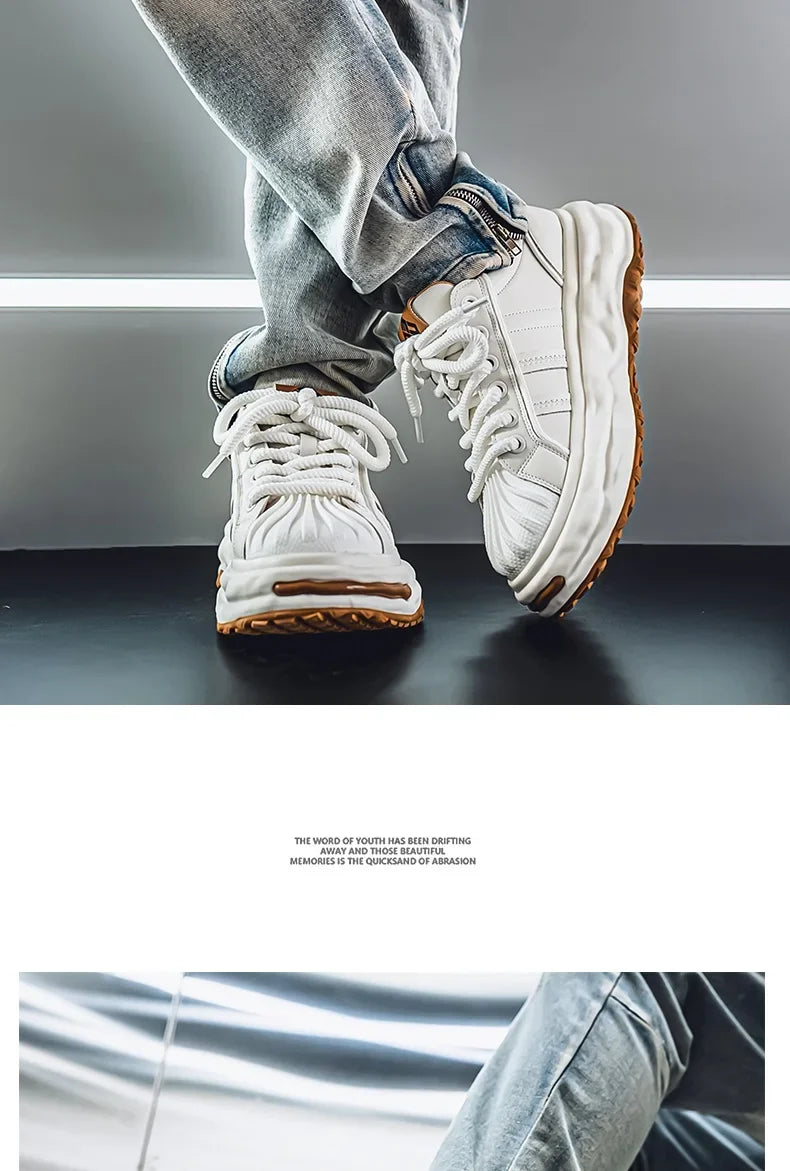 Men's Sneakers Design Printing Leather Casual Sports Shoes Fashion Comfortable Height Increased Flat Platform Skateboard Shoes