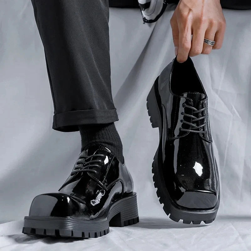 Men Korea Leather Platform Oxfords Slip On Thick Tottom For Male Derby Shoes Casual Loafers Mens Square Toe Formal Dress Shoes