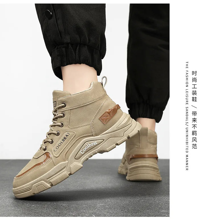 2026 new Men's High Top Boots Trendy Black Motorcycle Boots Outdoor Warm Platform Boots Men Lace-up Leather Boot Bota Masculina