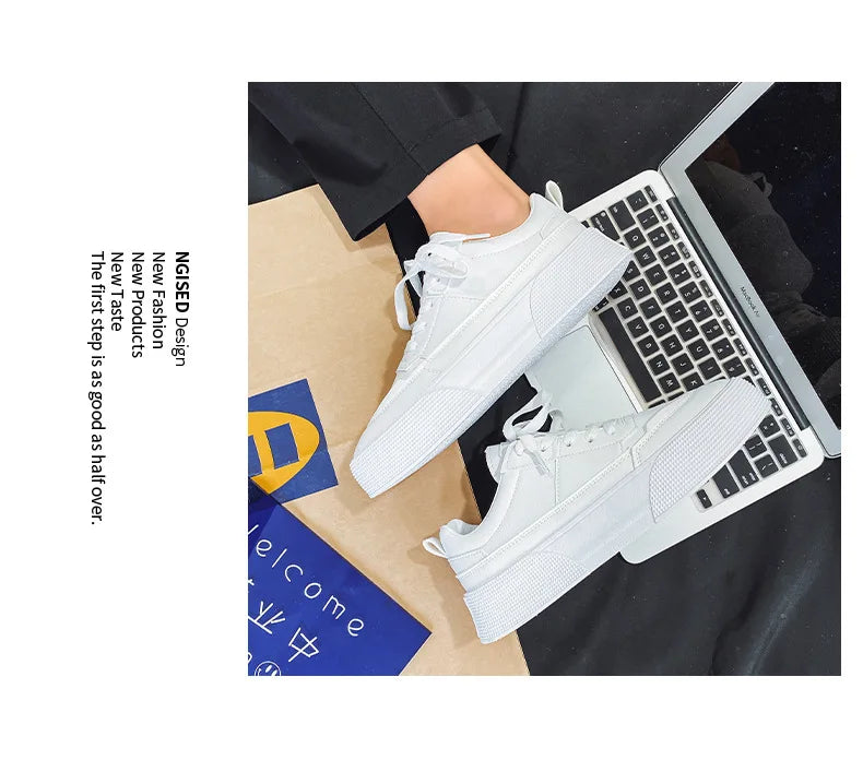 Men White Shoes Leather Casual Sneakers  Trend Platform Shoes Comfortable Vulcanized Shoes for Men White Tenis Masculinos