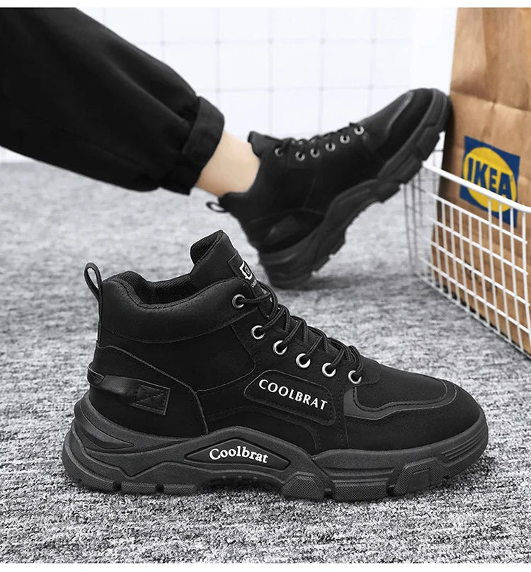 2026 new Men's High Top Boots Trendy Black Motorcycle Boots Outdoor Warm Platform Boots Men Lace-up Leather Boot Bota Masculina