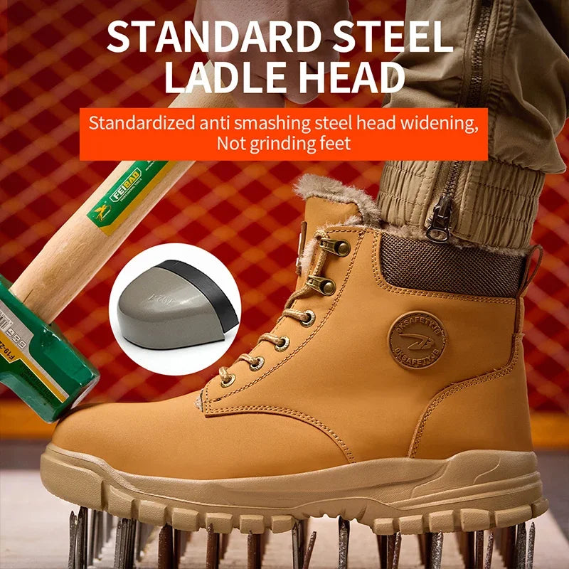 New 2024 Fashion Winter Velvet Work Safety Boots For Men Nail Proof Indestructible Waterproof Steel Toe Cap Male Sneakers