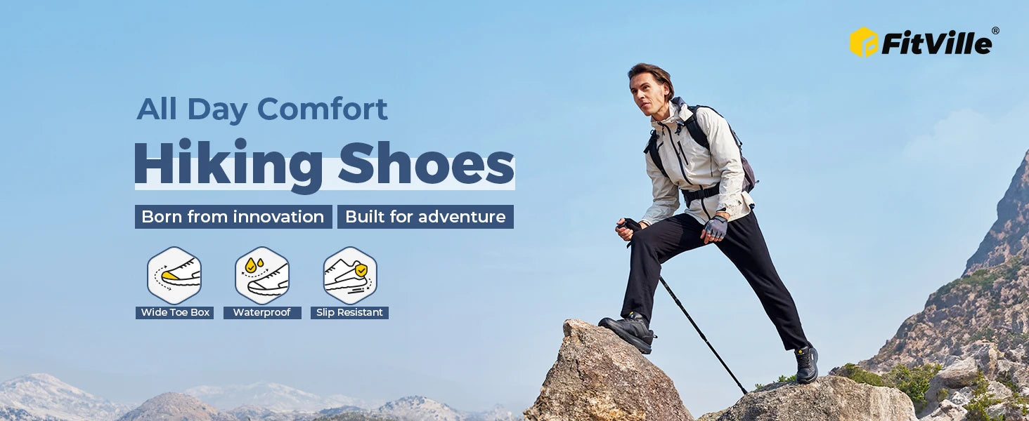 Fittington Hiking Shoes Extra Wide For Man Outdoor Walking Shoes Low-top Waterproof Work Shoes Toe with Arch Support for Heel