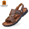 LAORENTOU leather male sandals casual beach shoes wear non-slip sandals and sliers cowhide