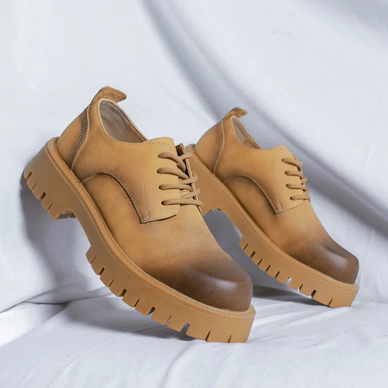 Men Korea Leather Platform Oxfords Slip On Thick Tottom For Male Derby Shoes Casual Loafers Mens Square Toe Formal Dress Shoes