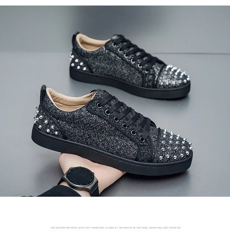 Trend Men Leather Casual Shoes Punk Style Rivet Flat Skate Shoes Young Man Street Black Sneaker