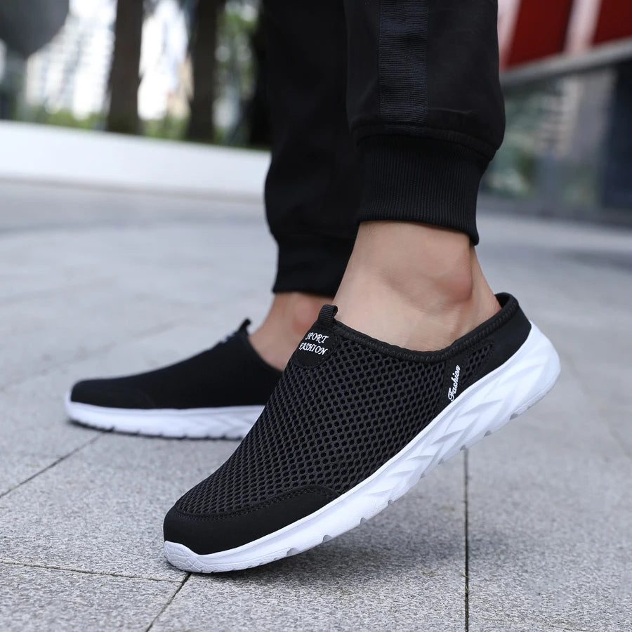 New Mens Half Slippers Summer Breathable Mesh Shoes Men Outdoor Casual Slip on Sandals Comfortable Lightweight Mesh Slippers Man