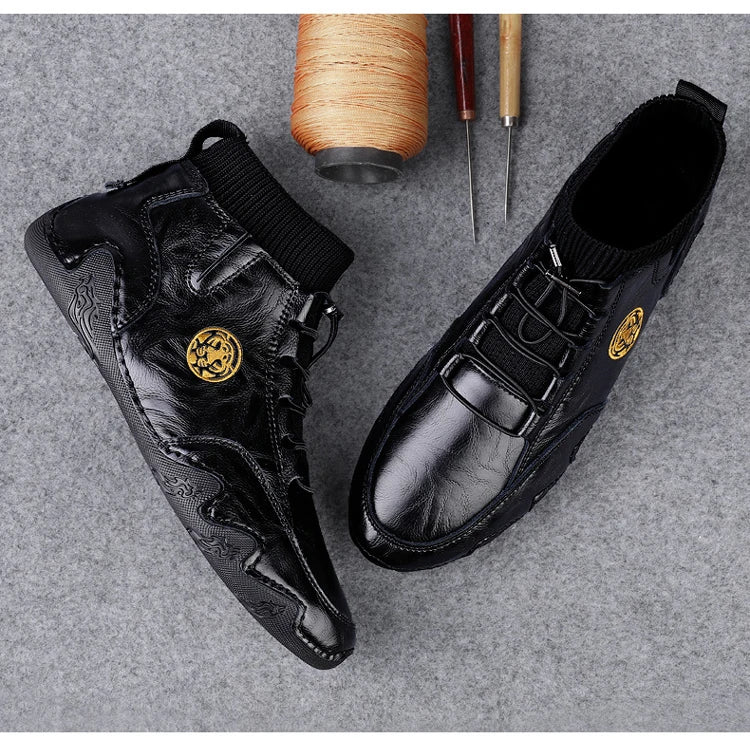 CLOHOO Men's Wear-resistant Boots Casual Classic Genuine Leather Handmade Shoes Ankle Round Toe Lace Up Walking Business Boot
