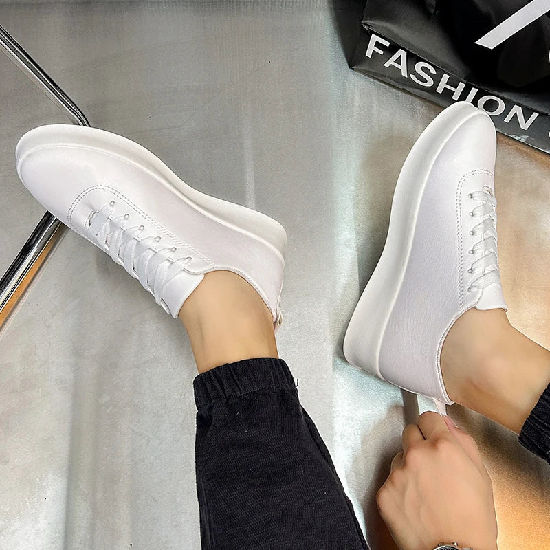 Fashion Thick Sole Black White Soft Men Leather Shoes Platform Men Casual Board Shoes Walking Sport Shoes Lightweight Work Shoes