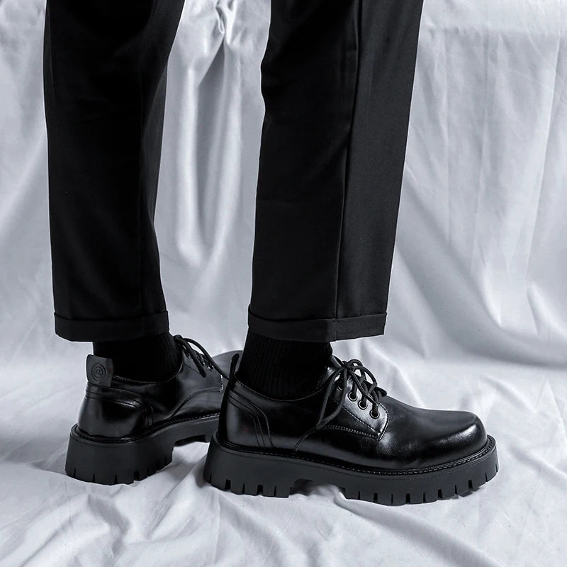 Men Korea Leather Platform Oxfords Slip On Thick Tottom For Male Derby Shoes Casual Loafers Mens Square Toe Formal Dress Shoes