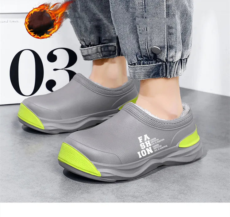 STRONGSHEN Men Plush Warm Chef Shoes Outdoor Garden Clogs Proffesional Waterproof Oilproof Non-Slip Kitchen Shoes For Pet Work