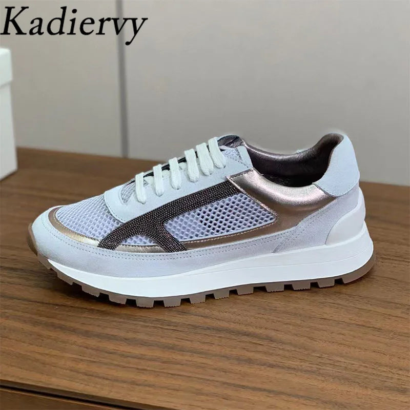 Casual New Sneakers Woman Round Toe Lace Up Outdoors Shoes Cow Suede Patchwork String Bead Comfort Flat Women's Sports Shoes