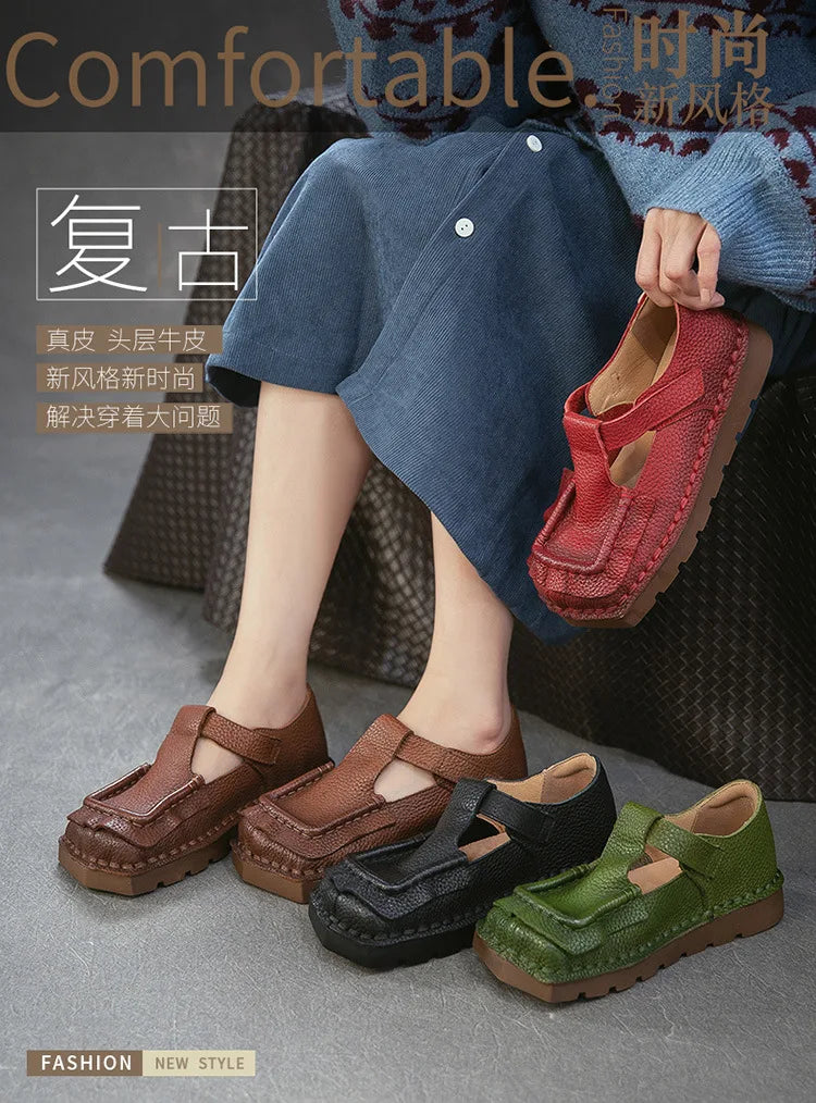 Johnature 2026 Spring New Square Toe Thick Soled Comfortable Commuter Women's Shoes Retro Genuine Leather Flats