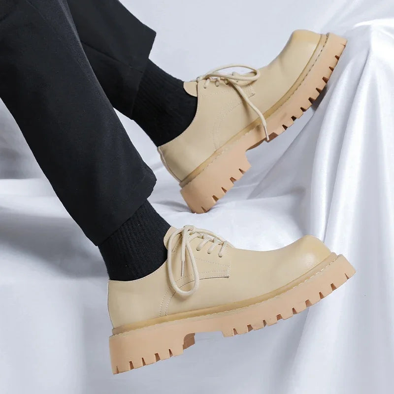 Brand Men's Lace Up Oxford Shoes Thick Sole Business Wedding Shoes Round Toe Green Sole Platform British Outdoor Casual Shoes
