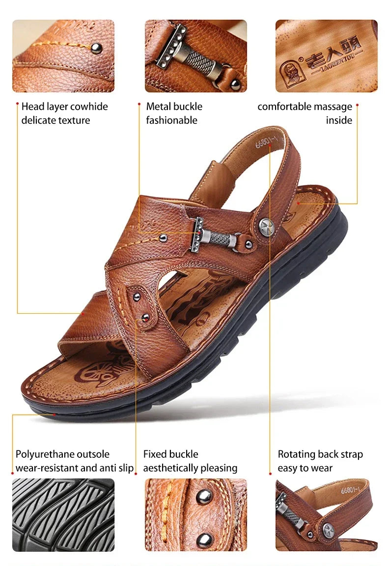 LAORENTOU leather male sandals casual beach shoes wear non-slip sandals and sliers cowhide