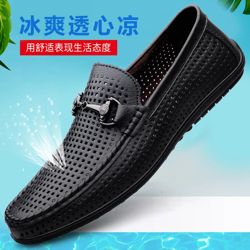 Elegantes Men Genuine Leather Loafers Non Slip Walking Shoes Breathable Outdoor Slip on Flats Casual Shoes Man Driving Moccasins