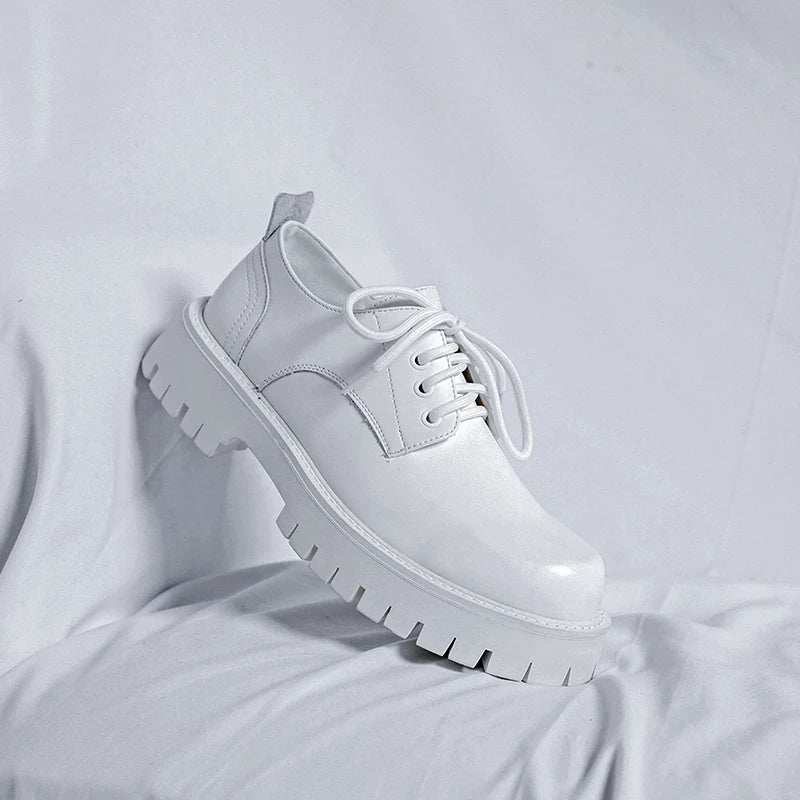 Men Korea Leather Platform Oxfords Slip On Thick Tottom For Male Derby Shoes Casual Loafers Mens Square Toe Formal Dress Shoes