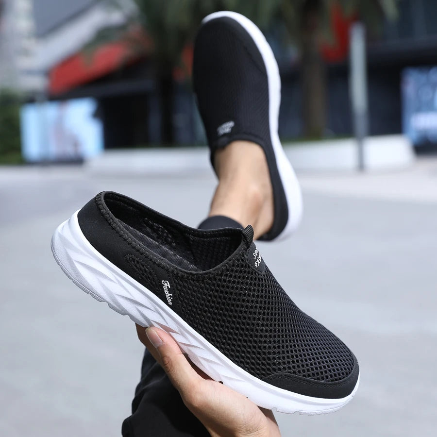 New Mens Half Slippers Summer Breathable Mesh Shoes Men Outdoor Casual Slip on Sandals Comfortable Lightweight Mesh Slippers Man