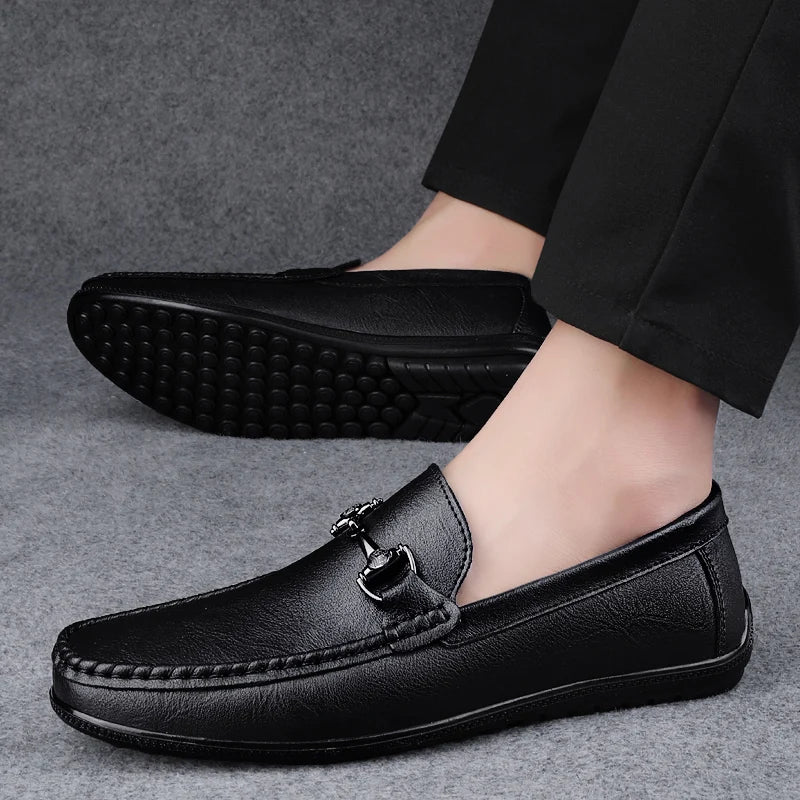 Elegantes Men Genuine Leather Loafers Non Slip Walking Shoes Breathable Outdoor Slip on Flats Casual Shoes Man Driving Moccasins