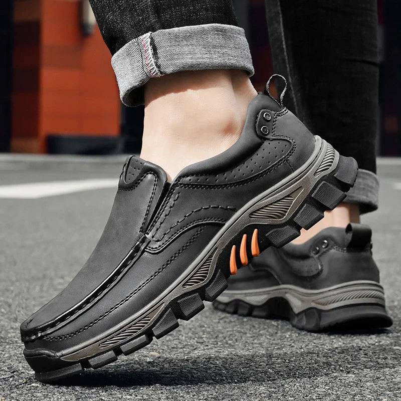 Retro Style Leather Loafers Mens Comfort Casual Shoes Breathable Male Driving Footwear Moccasin Travel Climbing Camping Footwear