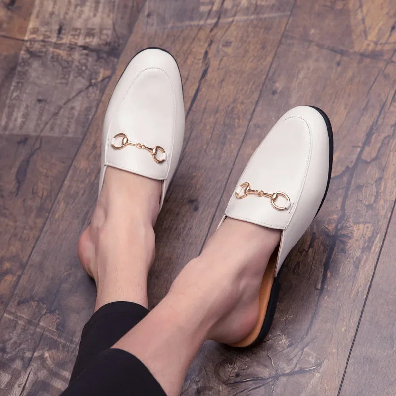 New Casual Men's Shoes Large Size 45 Fashionable British Style Slip-On Lazy Half Slippers Breathable PU Leather Comfortable