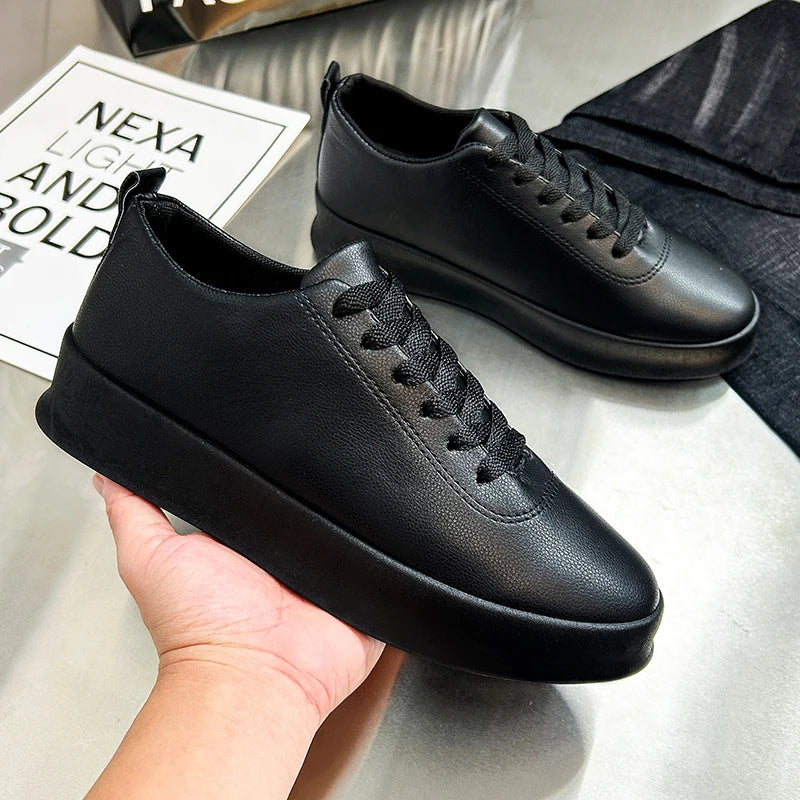 Fashion Thick Sole Black White Soft Men Leather Shoes Platform Men Casual Board Shoes Walking Sport Shoes Lightweight Work Shoes