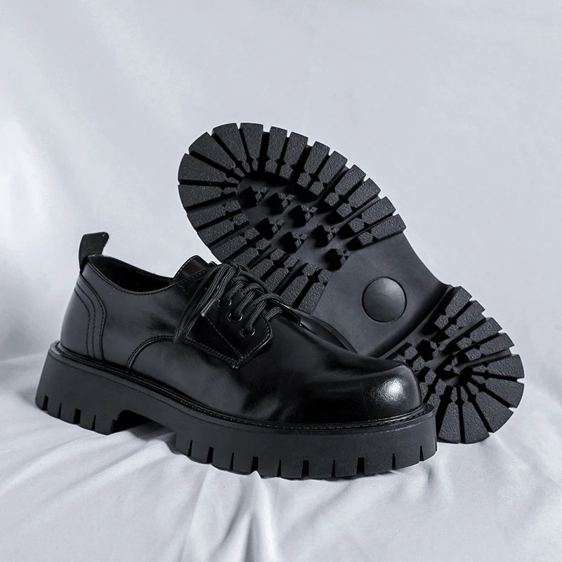 Men Korea Leather Platform Oxfords Slip On Thick Tottom For Male Derby Shoes Casual Loafers Mens Square Toe Formal Dress Shoes