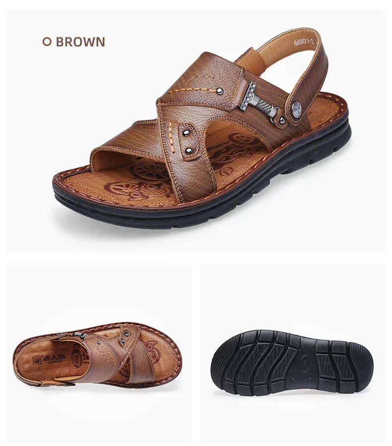 LAORENTOU leather male sandals casual beach shoes wear non-slip sandals and sliers cowhide