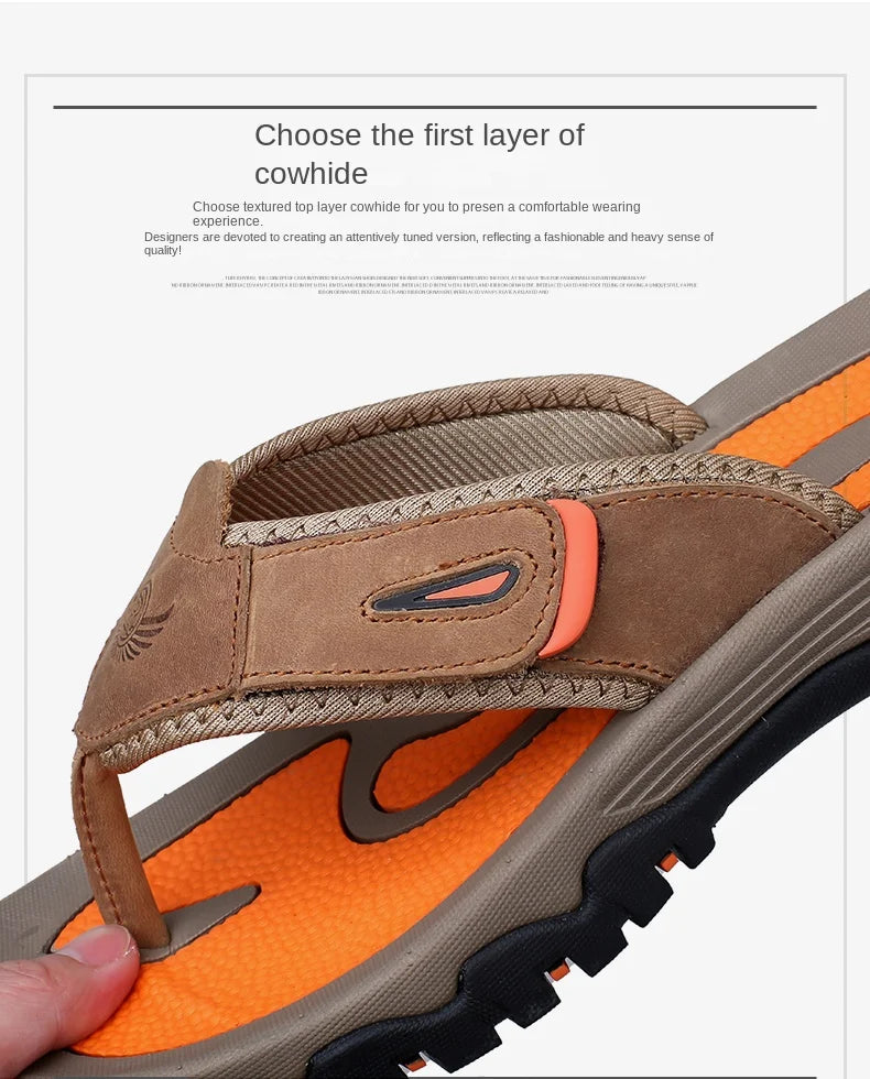 Cow Leather Outdoor Men Slippers Non-slip Wear-resistant Men's Flip Flops Summer Casual Shoes For Men Beach Sandals Plus Size