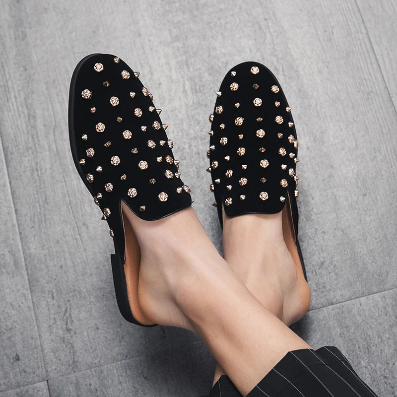 FashioNew Men Half Slippers Charm Punk rivet Loafers Casual Patent Leather Mules Moccasins Breathable Silver Black Driving Shoes
