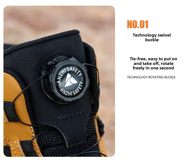 waterproof work shoes high man rotating button safety shoes anti-slip rubber outsole work boots sneakers with steel toe cap