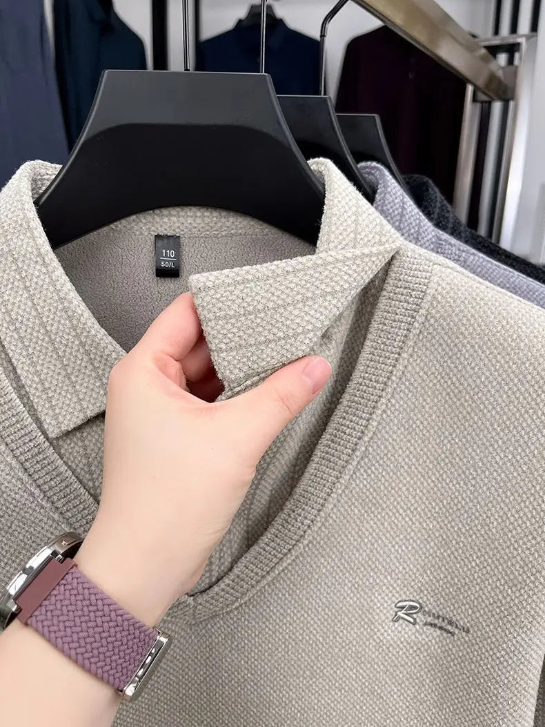 Mens Sweater Polo Collar Label Patchwork Stripes Plush Wool Liner Knitted Thickened Sweater Brand Luxury Print Thermo Menswear