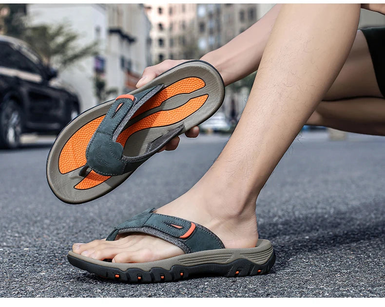Cow Leather Outdoor Men Slippers Non-slip Wear-resistant Men's Flip Flops Summer Casual Shoes For Men Beach Sandals Plus Size