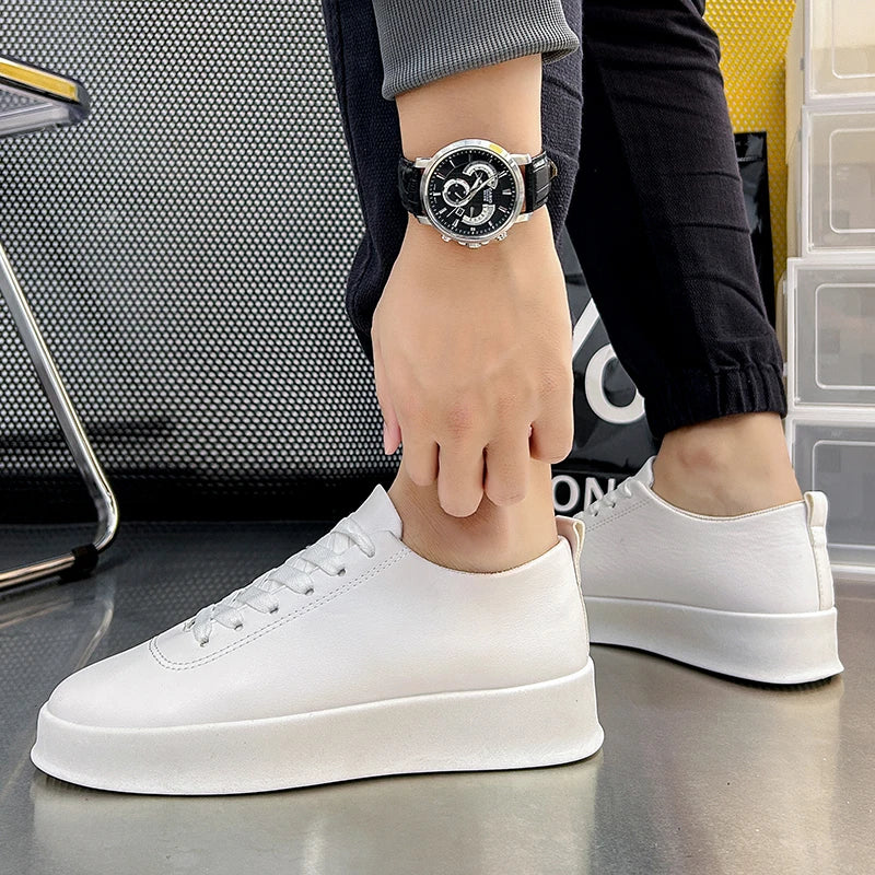 Fashion Thick Sole Black White Soft Men Leather Shoes Platform Men Casual Board Shoes Walking Sport Shoes Lightweight Work Shoes