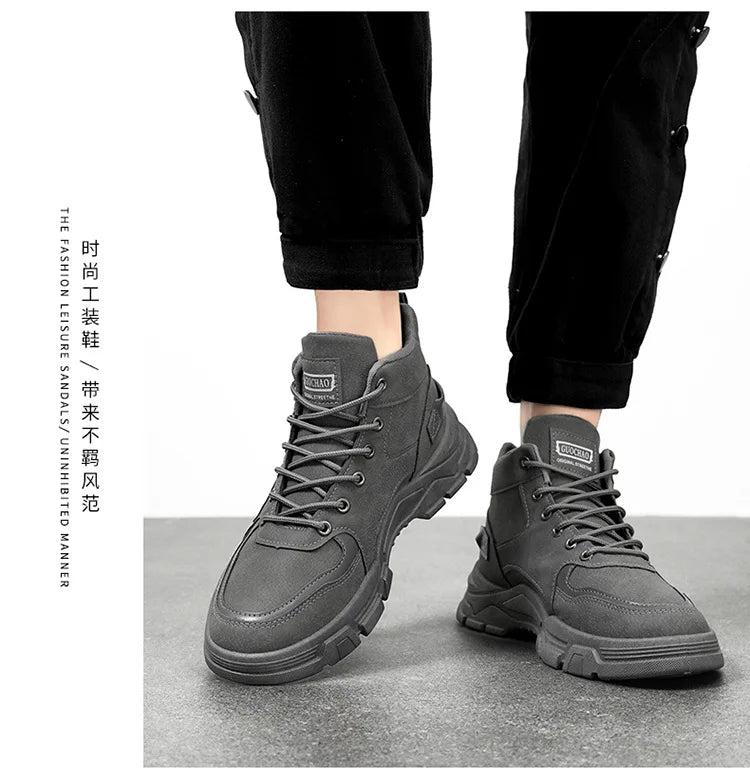2026 new Men's High Top Boots Trendy Black Motorcycle Boots Outdoor Warm Platform Boots Men Lace-up Leather Boot Bota Masculina