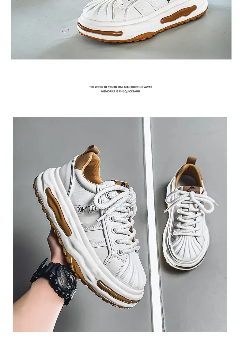Men's Sneakers Design Printing Leather Casual Sports Shoes Fashion Comfortable Height Increased Flat Platform Skateboard Shoes