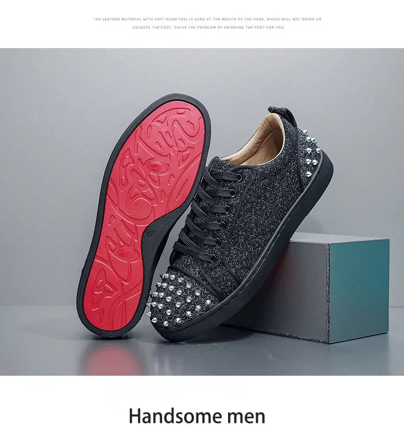 Trend Men Leather Casual Shoes Punk Style Rivet Flat Skate Shoes Young Man Street Black Sneaker