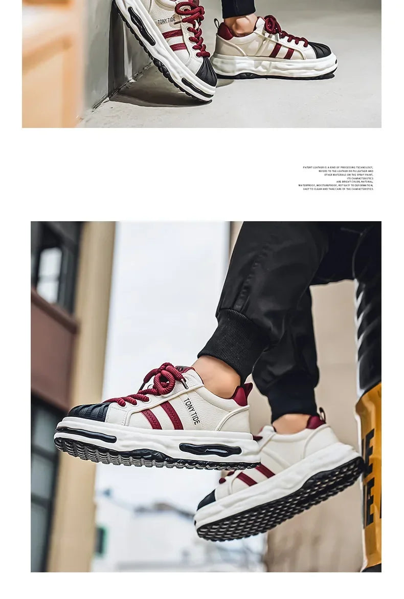 Men's Sneakers Design Printing Leather Casual Sports Shoes Fashion Comfortable Height Increased Flat Platform Skateboard Shoes