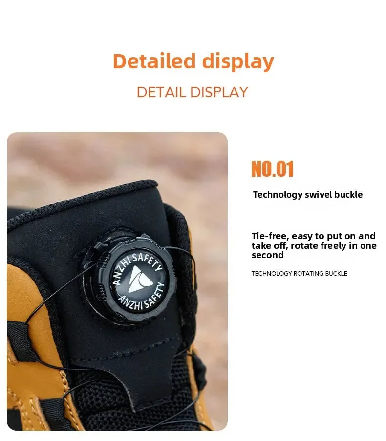 Waterproof Steel Toe Work Shoes Anti Crush Slip Resistant with Rotating Buckle No Tie Cross-Border Labor Protection Shoes