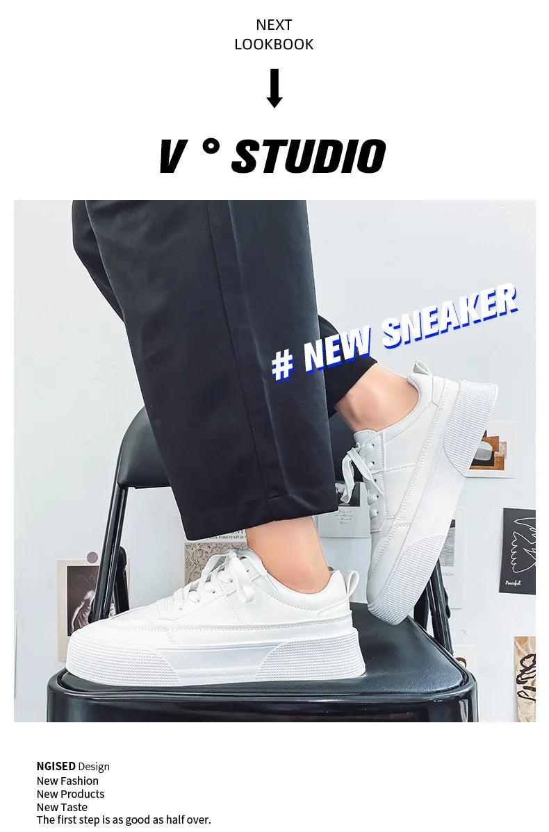 Men White Shoes Leather Casual Sneakers  Trend Platform Shoes Comfortable Vulcanized Shoes for Men White Tenis Masculinos