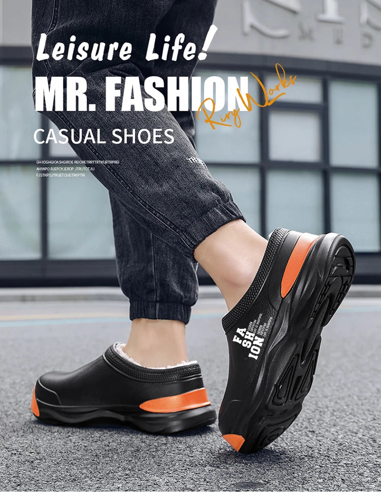 STRONGSHEN Men Plush Warm Chef Shoes Outdoor Garden Clogs Proffesional Waterproof Oilproof Non-Slip Kitchen Shoes For Pet Work