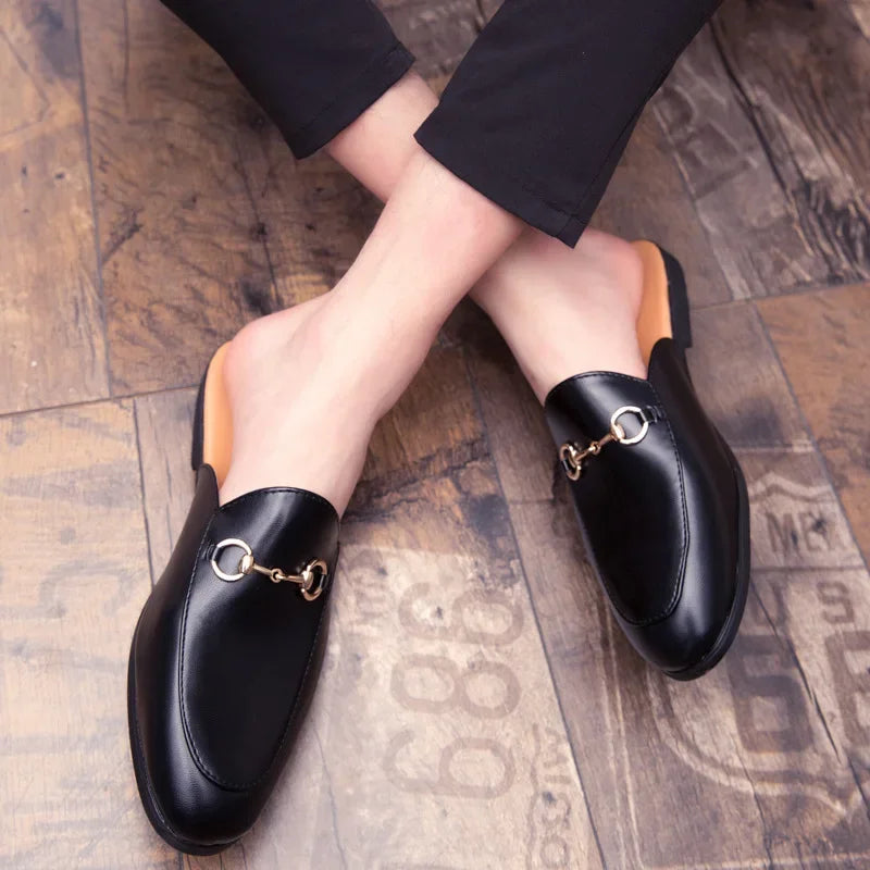 New Casual Men's Shoes Large Size 45 Fashionable British Style Slip-On Lazy Half Slippers Breathable PU Leather Comfortable
