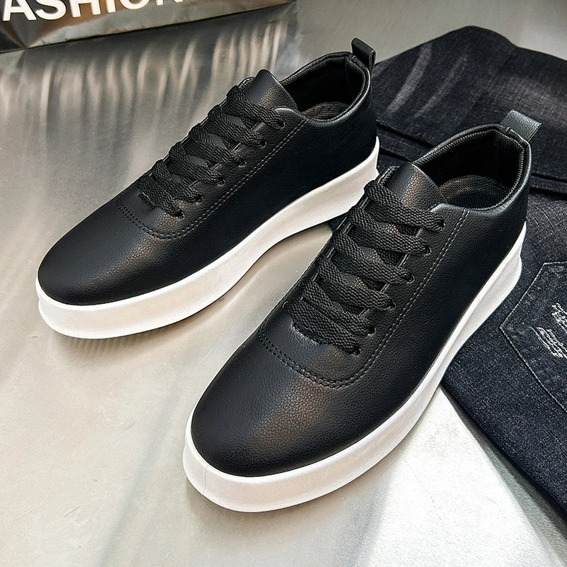 Fashion Thick Sole Black White Soft Men Leather Shoes Platform Men Casual Board Shoes Walking Sport Shoes Lightweight Work Shoes