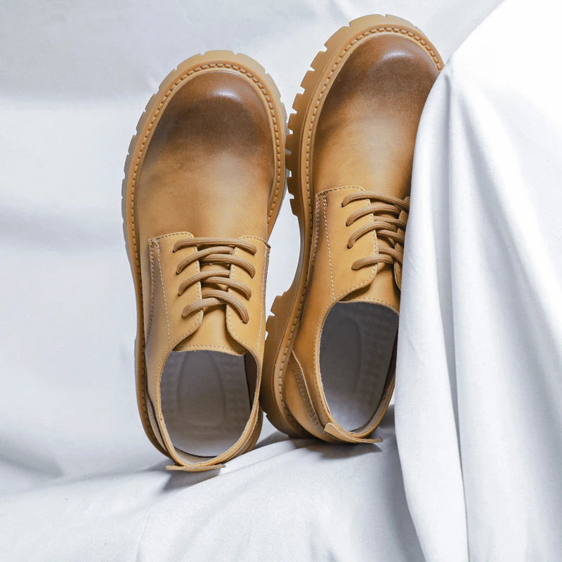 Men Korea Leather Platform Oxfords Slip On Thick Tottom For Male Derby Shoes Casual Loafers Mens Square Toe Formal Dress Shoes