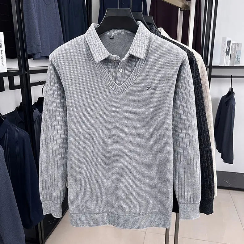 Mens Sweater Polo Collar Label Patchwork Stripes Plush Wool Liner Knitted Thickened Sweater Brand Luxury Print Thermo Menswear