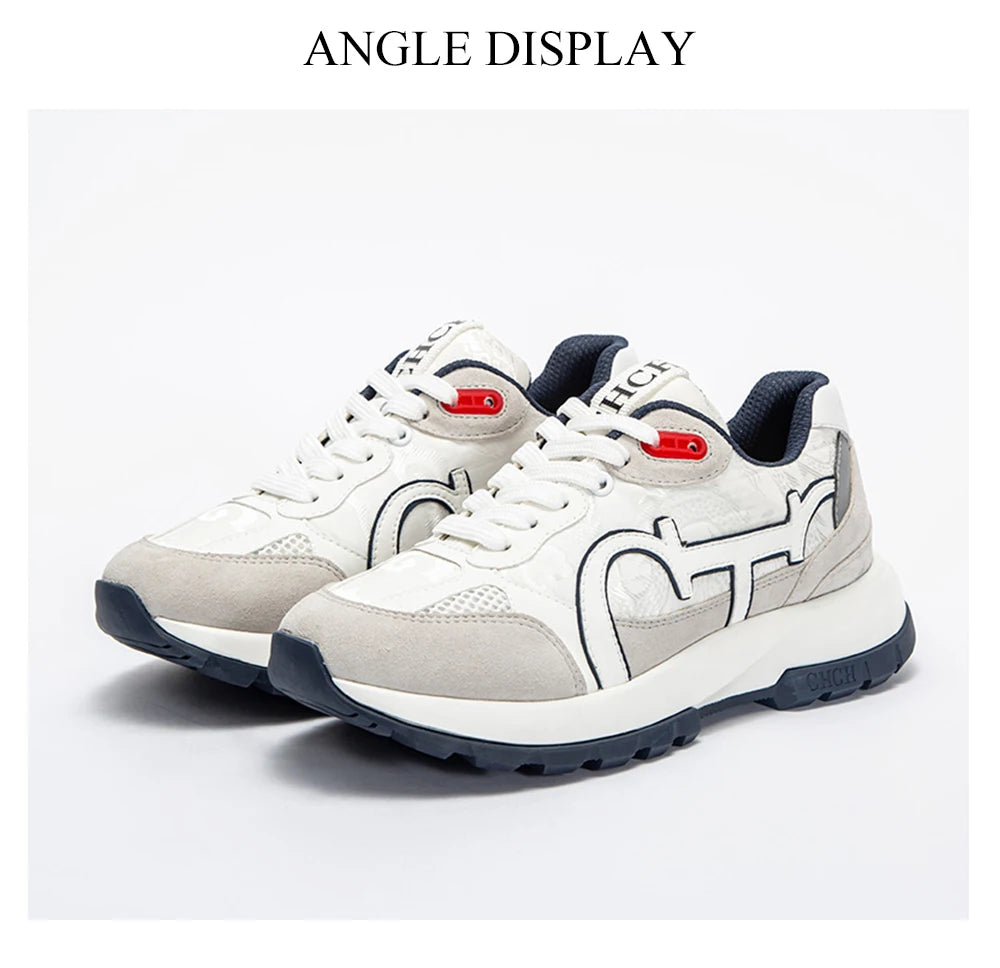 CHCH Women's Tennis Shoes 2024 Spring New Bull Leather+Fabric Spliced Casual Sports Shoes