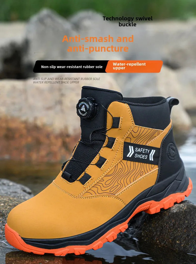 waterproof work shoes high man rotating button safety shoes anti-slip rubber outsole work boots sneakers with steel toe cap