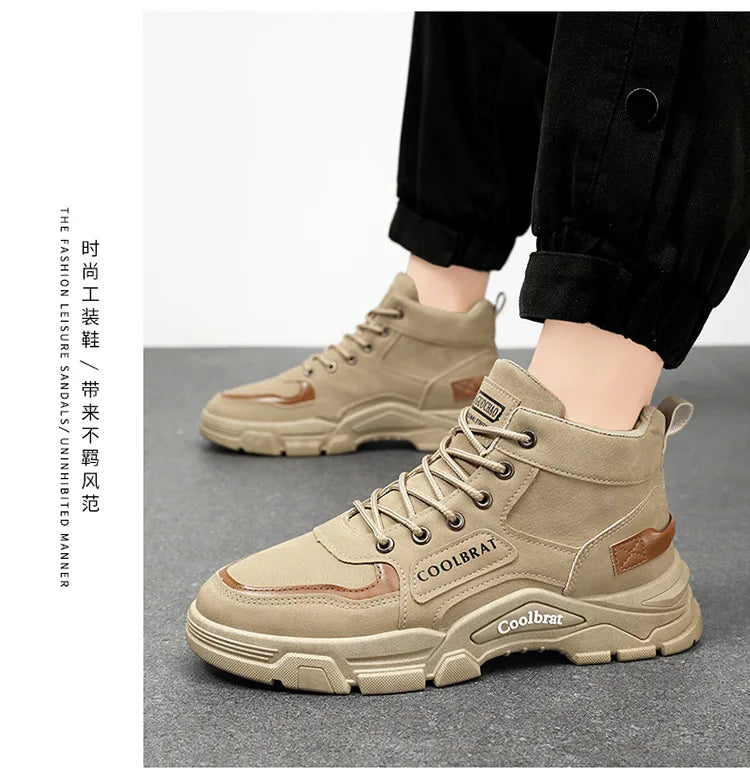 2026 new Men's High Top Boots Trendy Black Motorcycle Boots Outdoor Warm Platform Boots Men Lace-up Leather Boot Bota Masculina