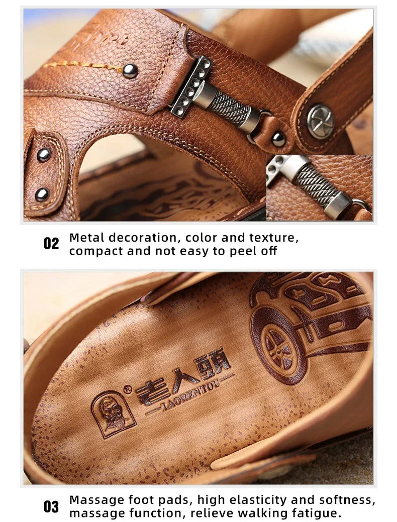 LAORENTOU leather male sandals casual beach shoes wear non-slip sandals and sliers cowhide
